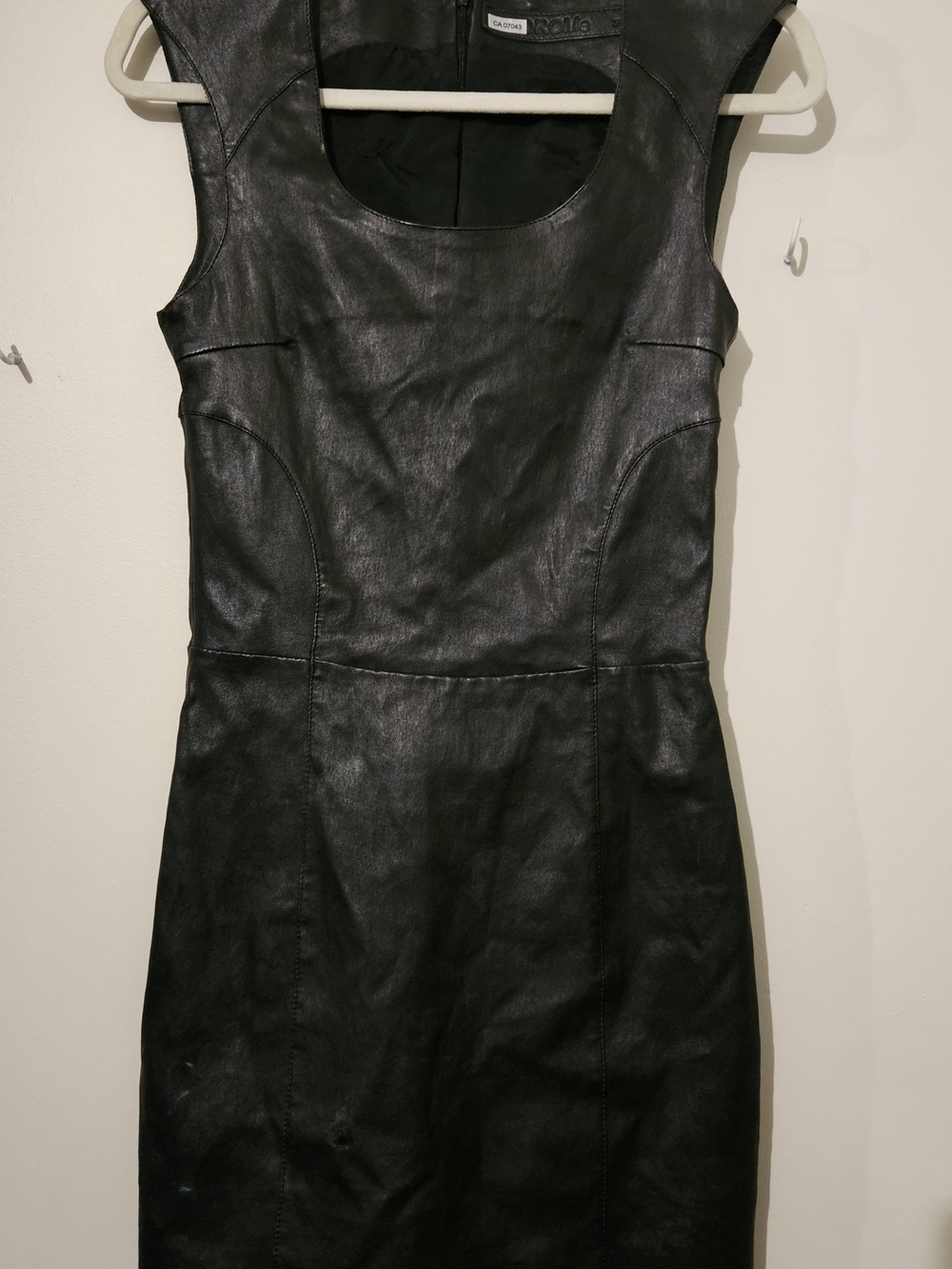 DROMe Genuine Black Leather Mini Dress with Scoop Neck